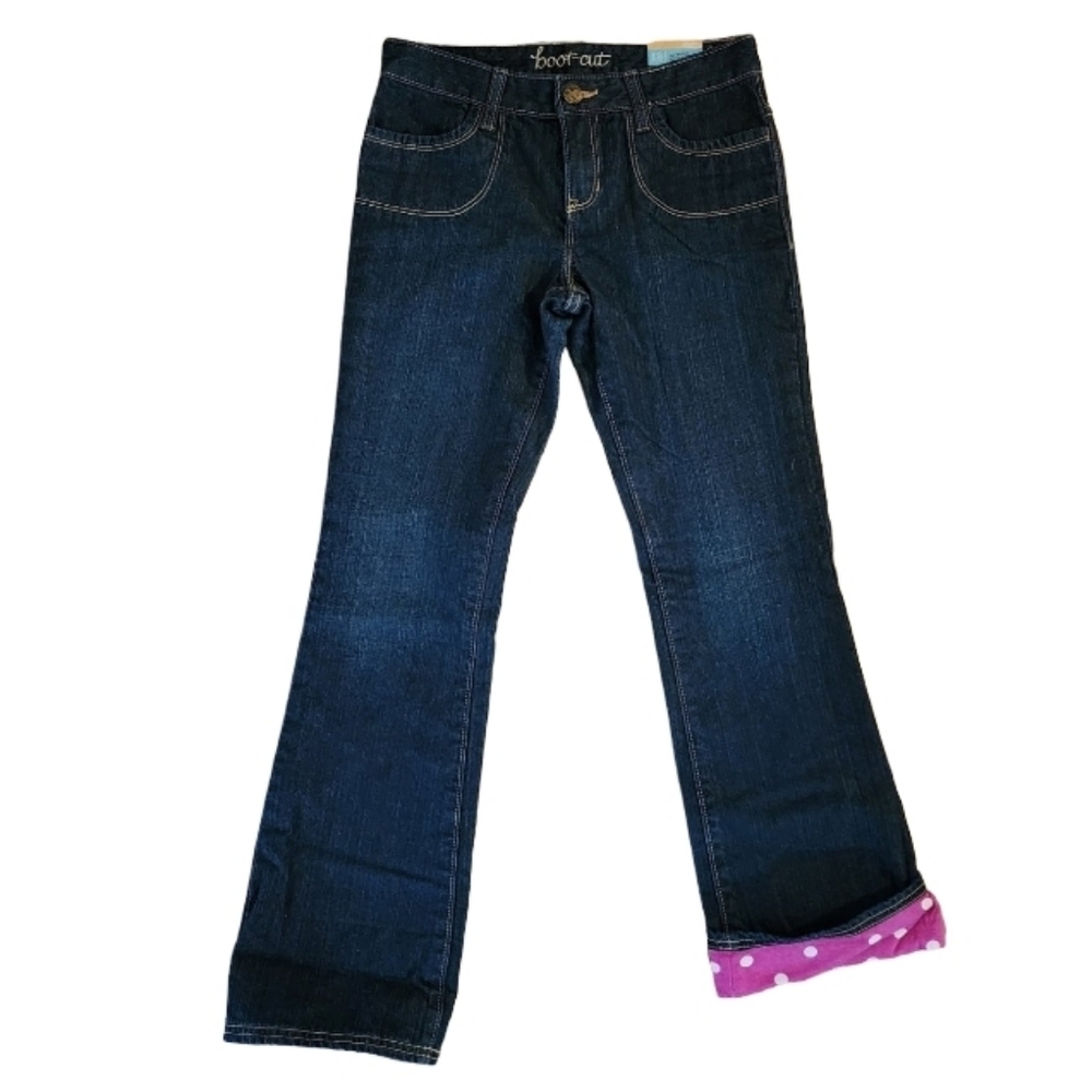 Old Navy Bootcut Jeans‎ Girls Size 12R Dark Wash Polka Dot Pink Lining NWT